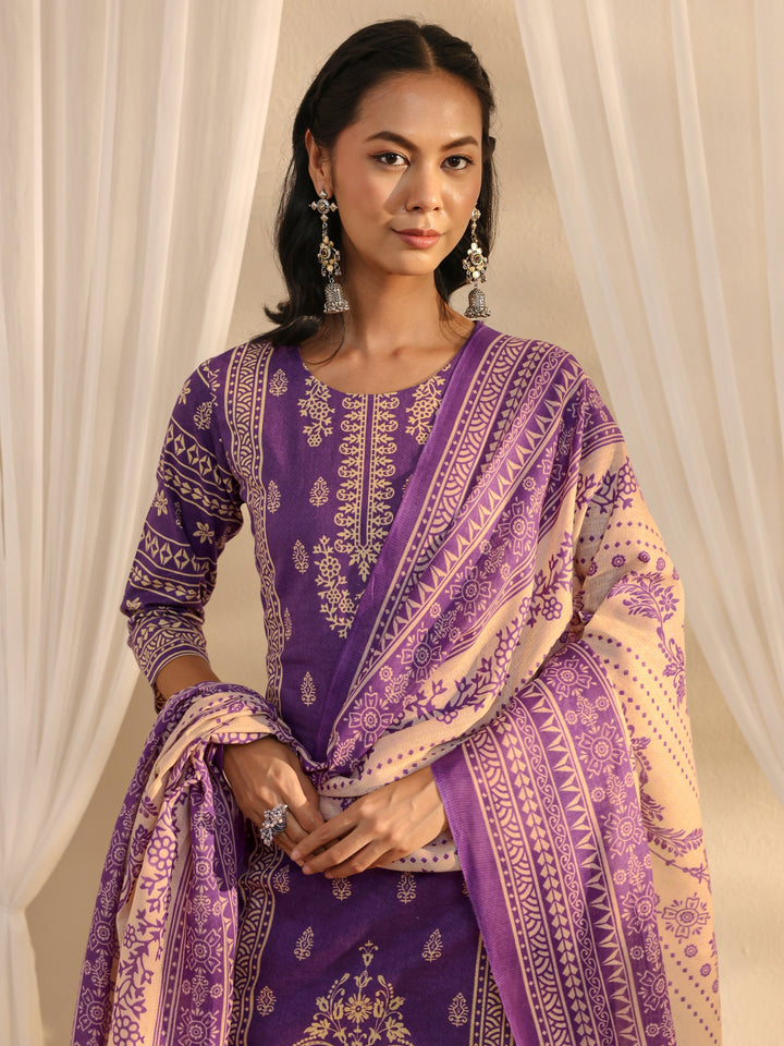 Purple Ethnic Motif Printed Cotton Blend Straight Suit Set With Dupatta