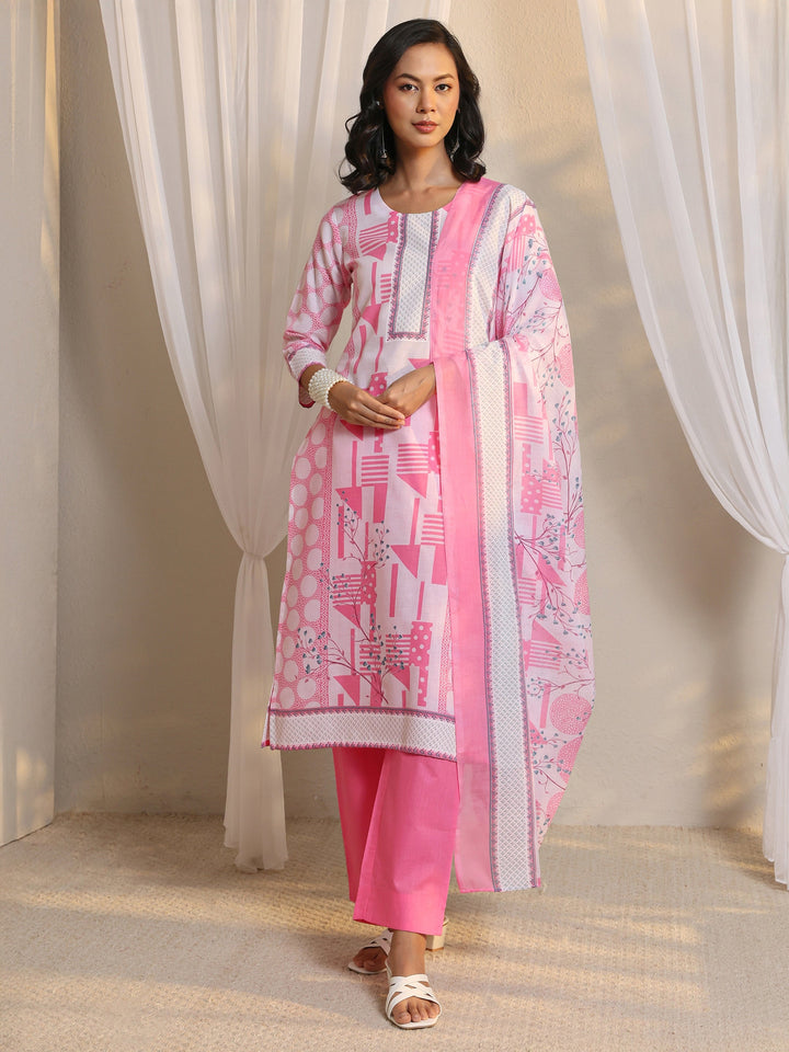 Pink Geometric Printed Cotton Blend Straight Suit Set With Dupatta