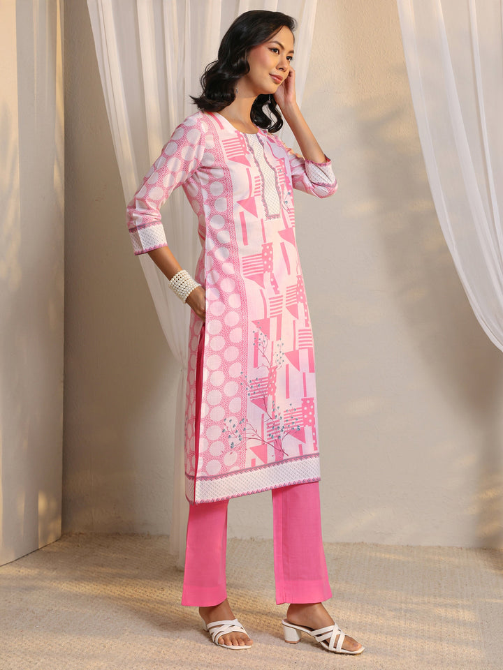 Pink Geometric Printed Cotton Blend Straight Suit Set With Dupatta