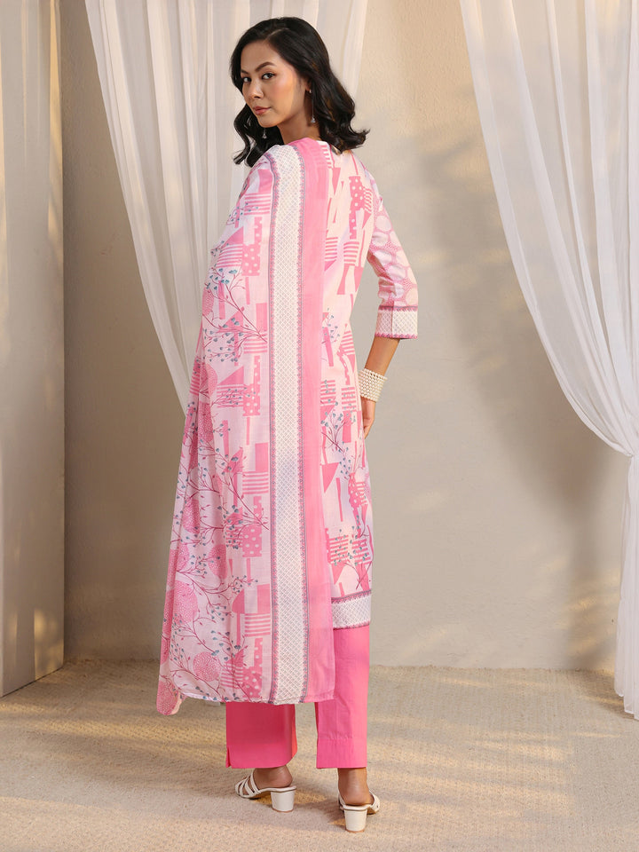 Pink Geometric Printed Cotton Blend Straight Suit Set With Dupatta