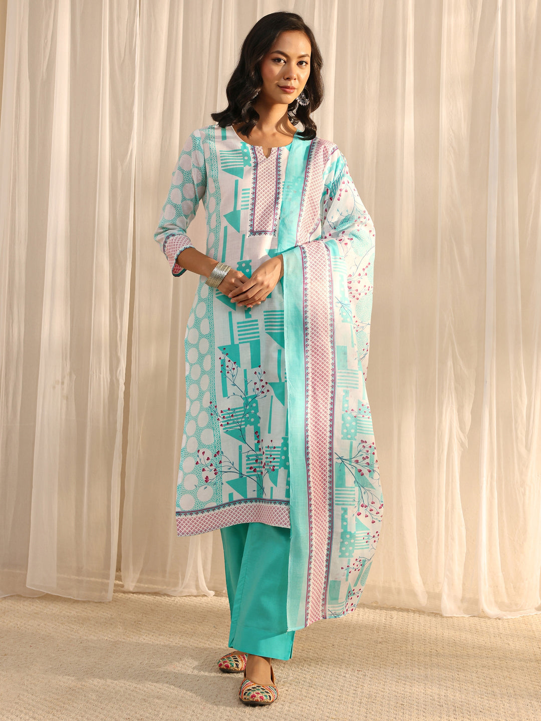 Blue Geometric Printed Cotton Blend Straight Suit Set With Dupatta