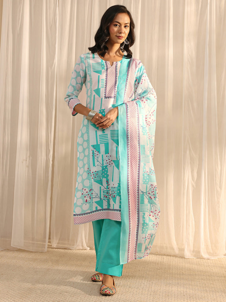 Blue Geometric Printed Cotton Blend Straight Suit Set With Dupatta