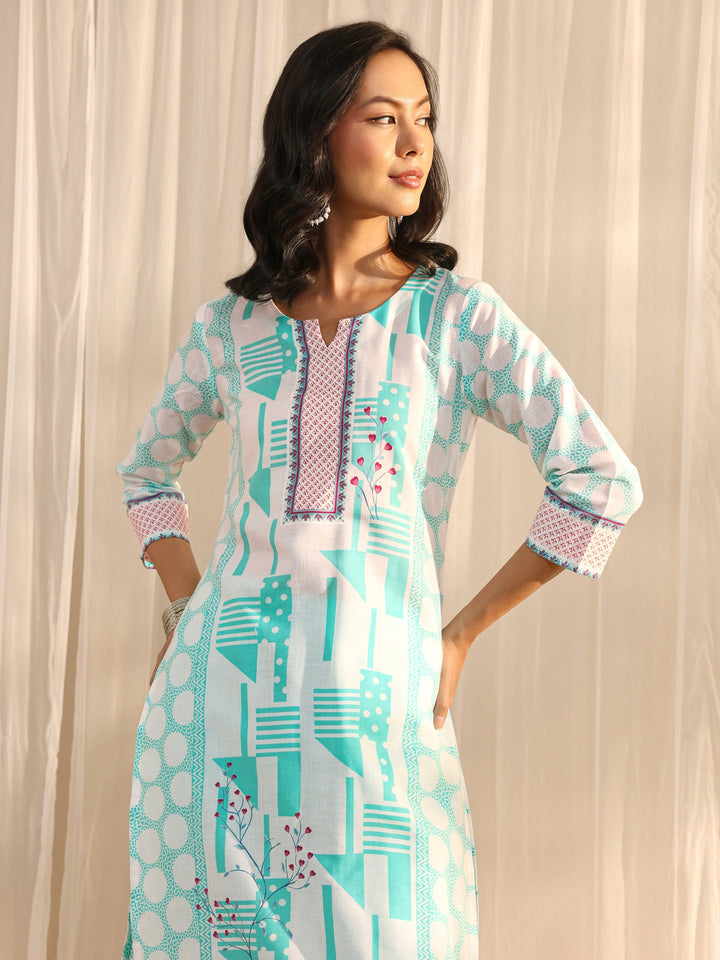 Blue Geometric Printed Cotton Blend Straight Suit Set With Dupatta
