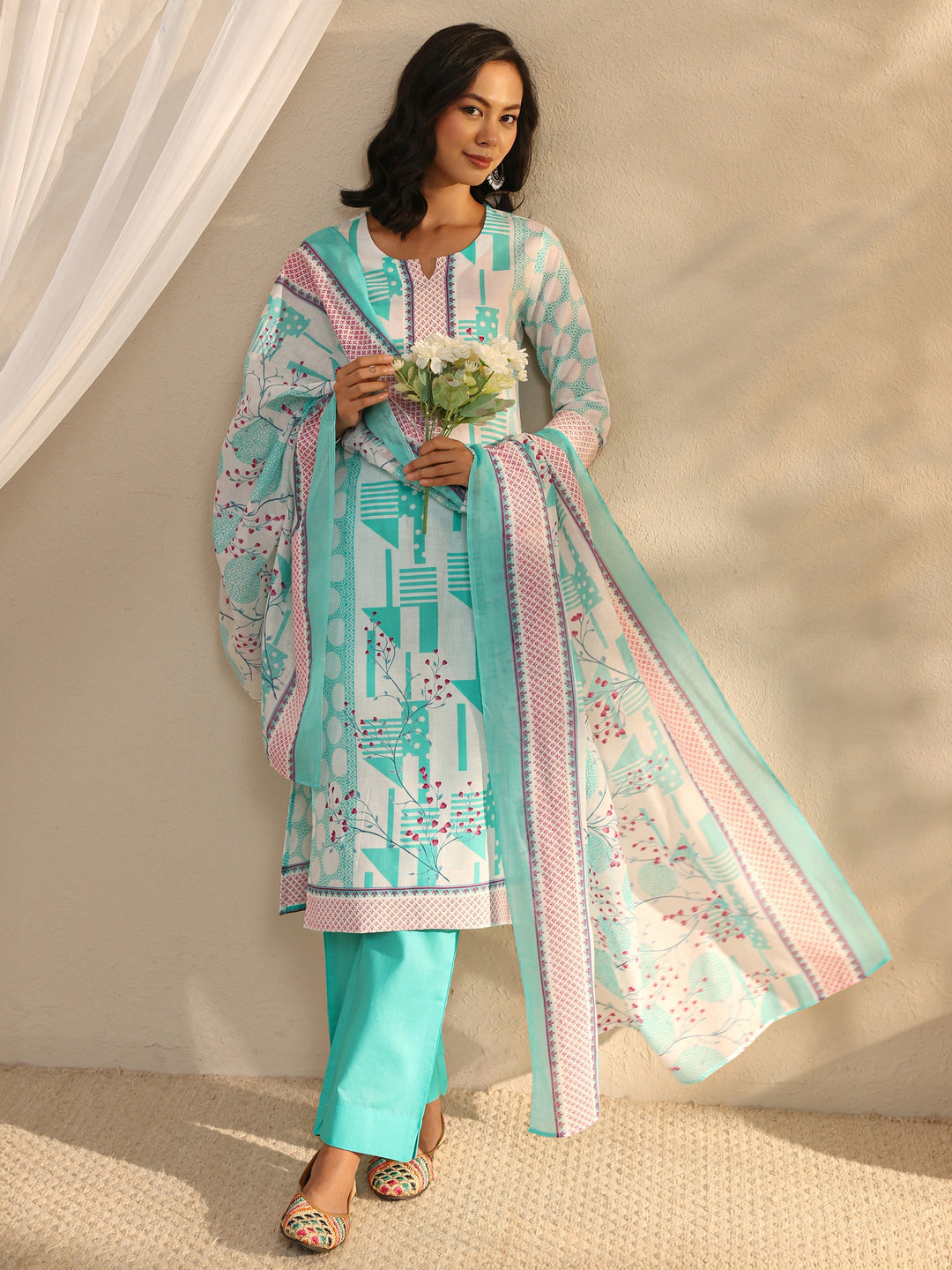 Blue Geometric Printed Cotton Blend Straight Suit Set With Dupatta