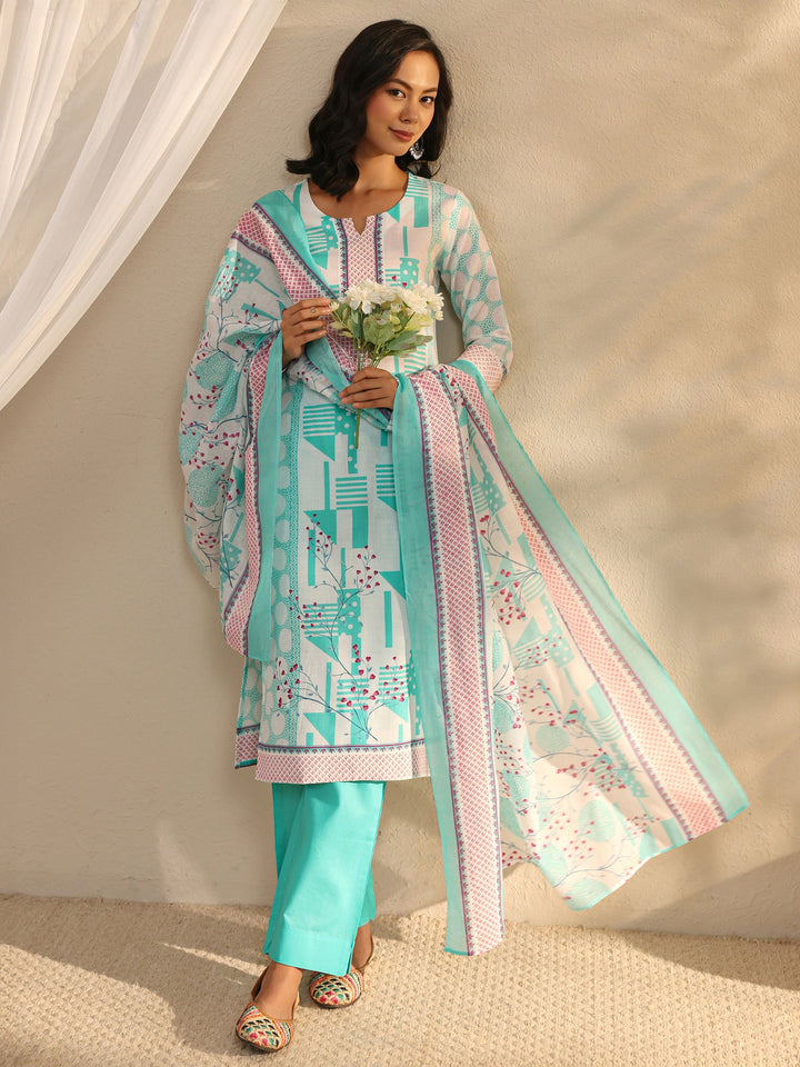 Blue Geometric Printed Cotton Blend Straight Suit Set With Dupatta