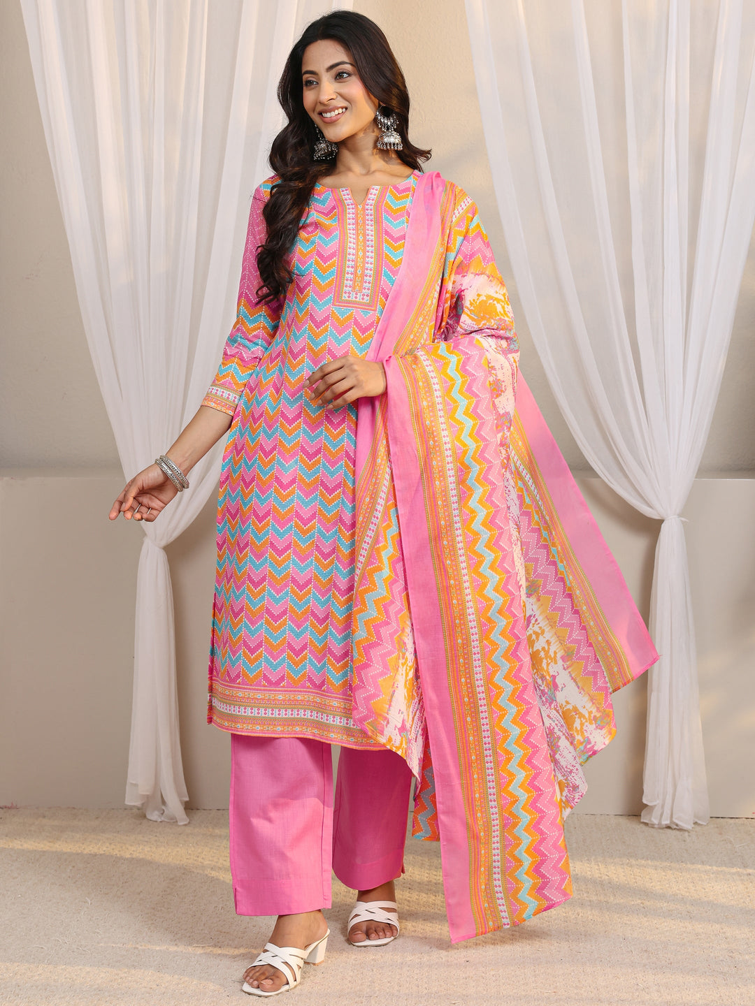 Pink Chevron Printed Cotton Blend Straight Suit Set With Dupatta