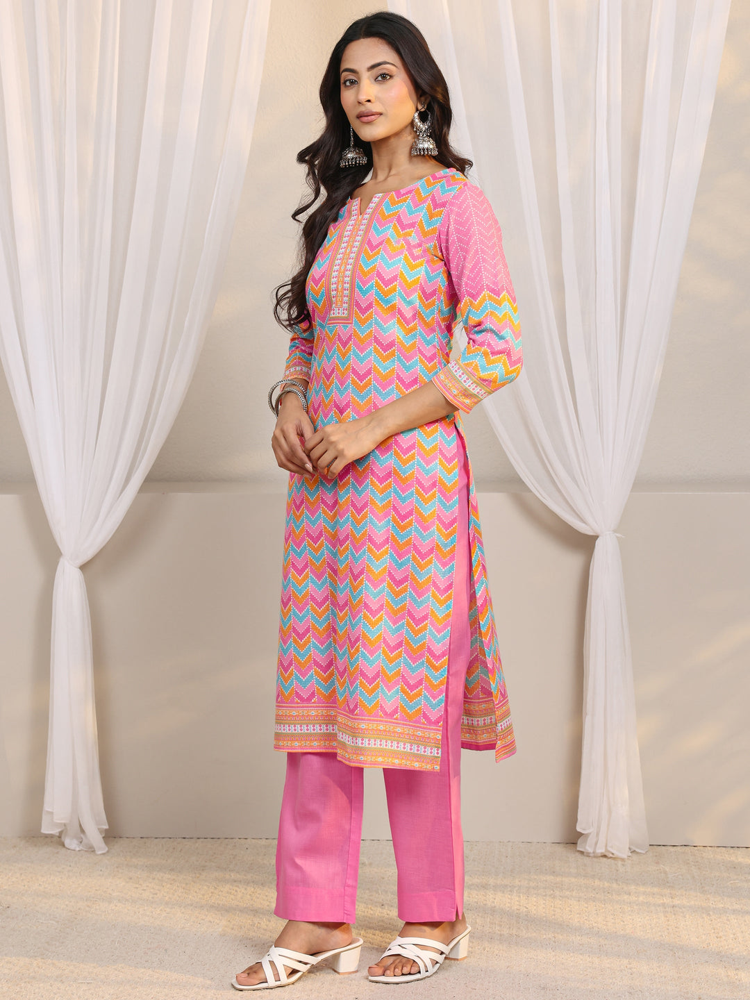 Pink Chevron Printed Cotton Blend Straight Suit Set With Dupatta