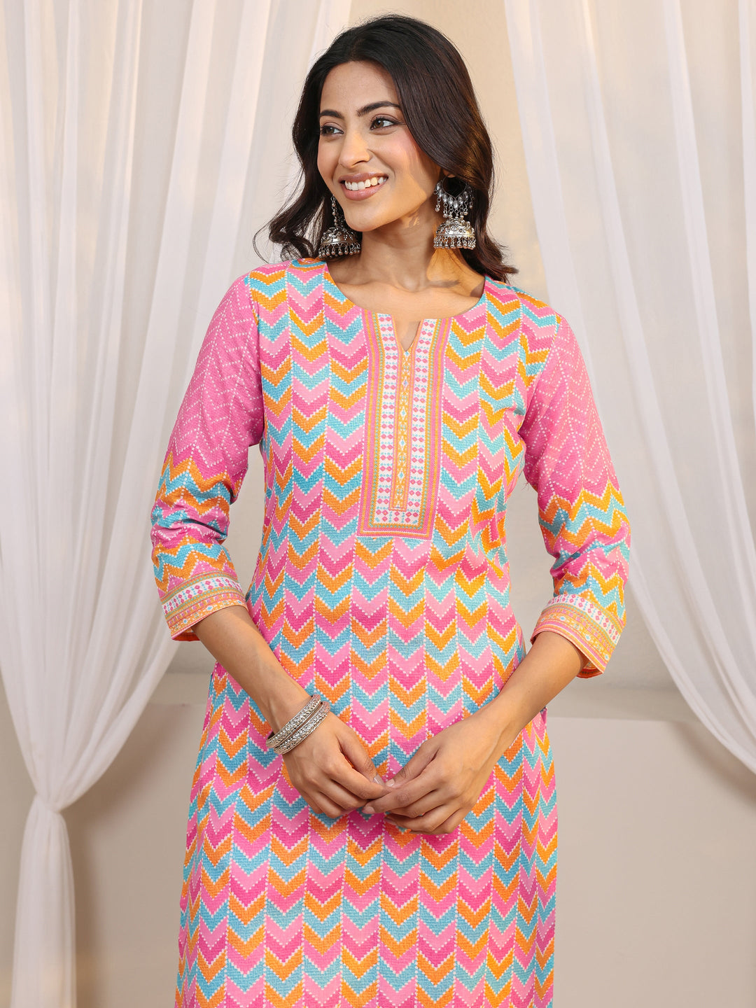 Pink Chevron Printed Cotton Blend Straight Suit Set With Dupatta