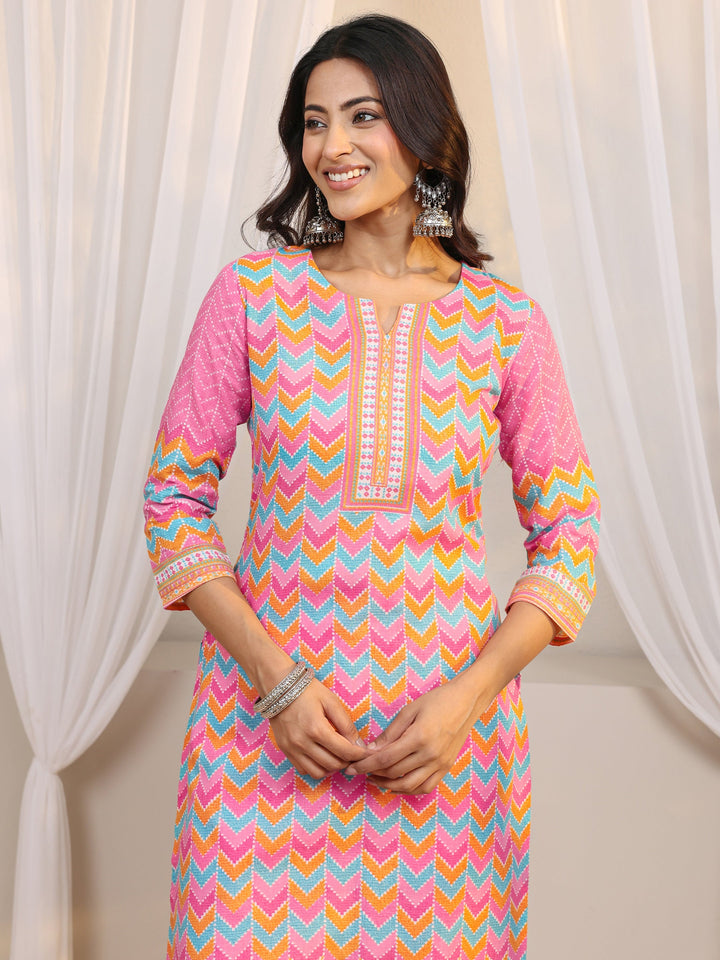 Pink Chevron Printed Cotton Blend Straight Suit Set With Dupatta