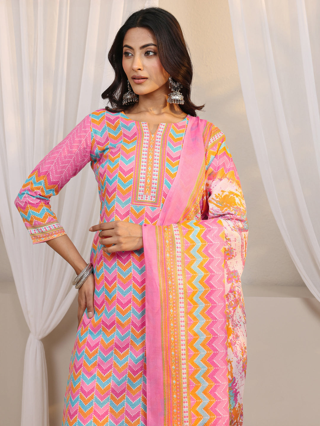 Pink Chevron Printed Cotton Blend Straight Suit Set With Dupatta