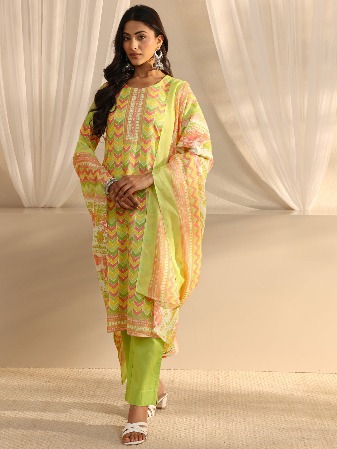 Green Chevron Printed Cotton Blend Straight Suit Set With Dupatta