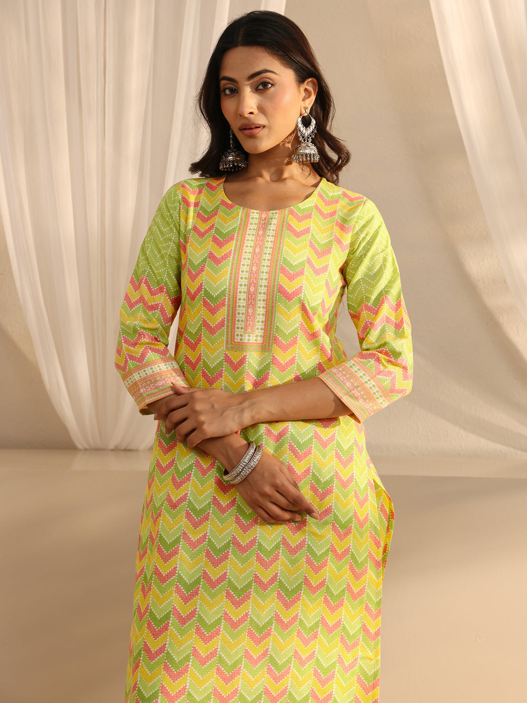 Green Chevron Printed Cotton Blend Straight Suit Set With Dupatta