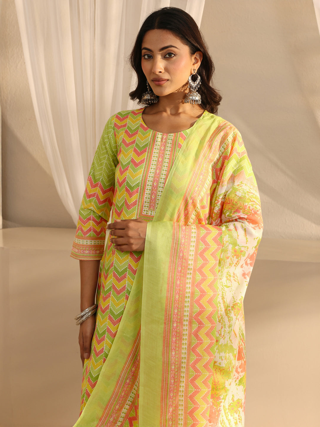 Green Chevron Printed Cotton Blend Straight Suit Set With Dupatta