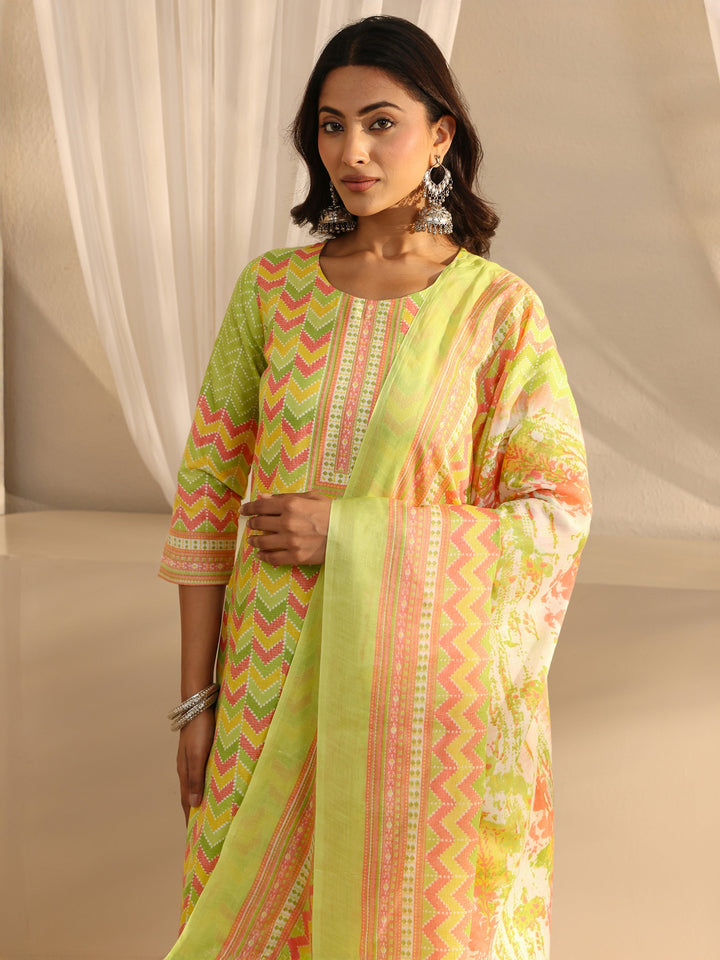 Green Chevron Printed Cotton Blend Straight Suit Set With Dupatta