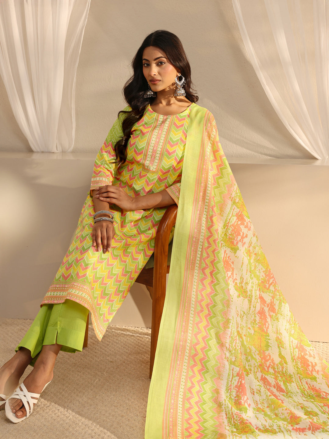 Green Chevron Printed Cotton Blend Straight Suit Set With Dupatta