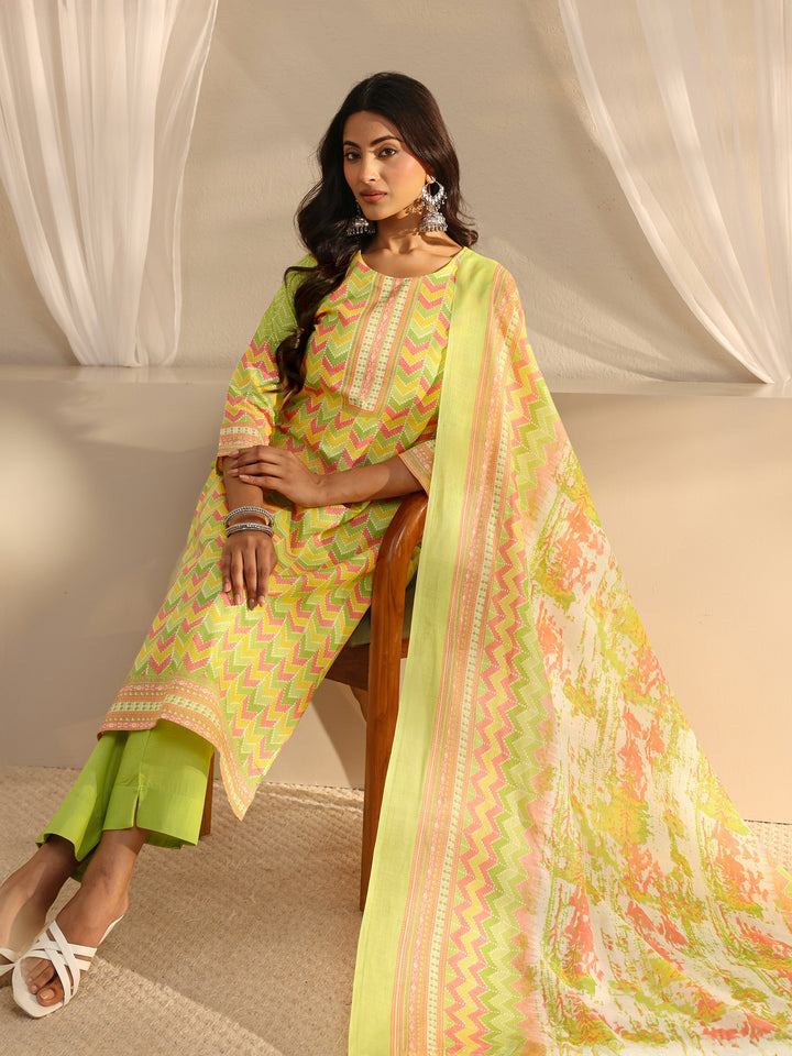 Green Chevron Printed Cotton Blend Straight Suit Set With Dupatta