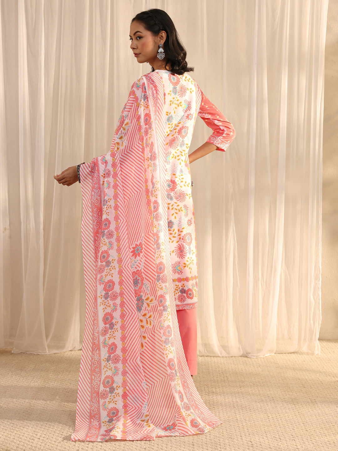 Peach Floral Printed Cotton Blend Straight Suit Set With Dupatta