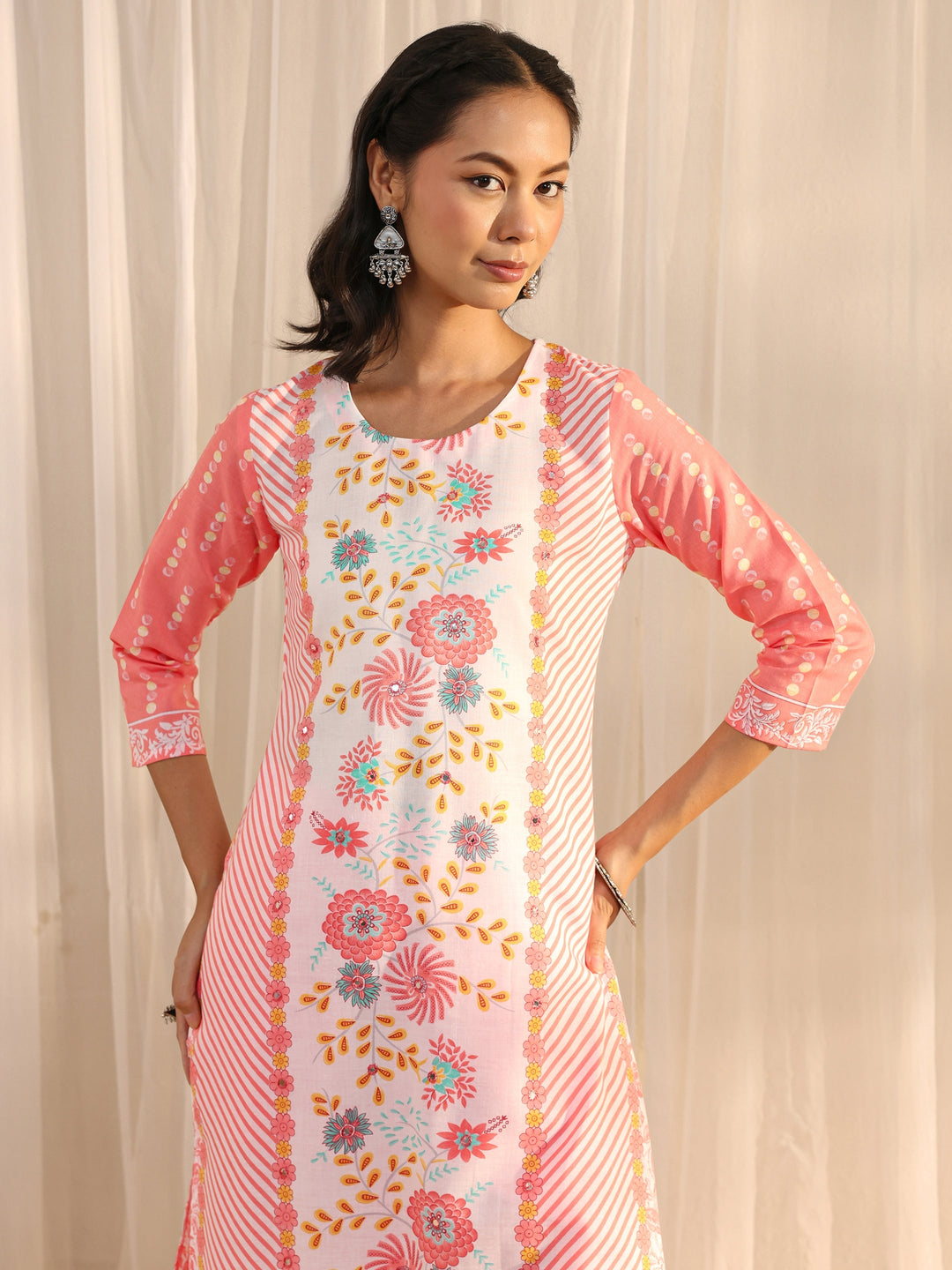 Peach Floral Printed Cotton Blend Straight Suit Set With Dupatta