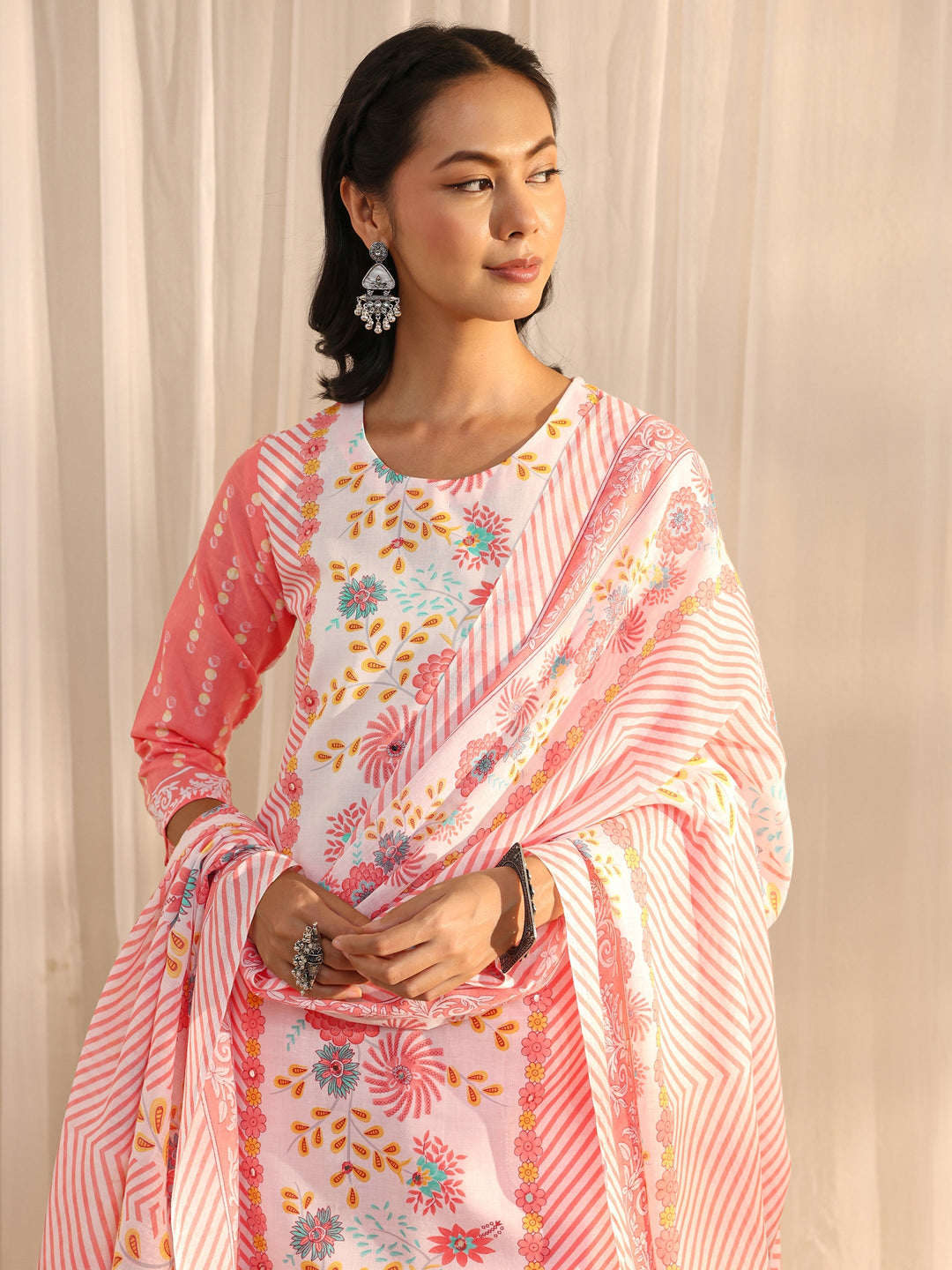 Peach Floral Printed Cotton Blend Straight Suit Set With Dupatta