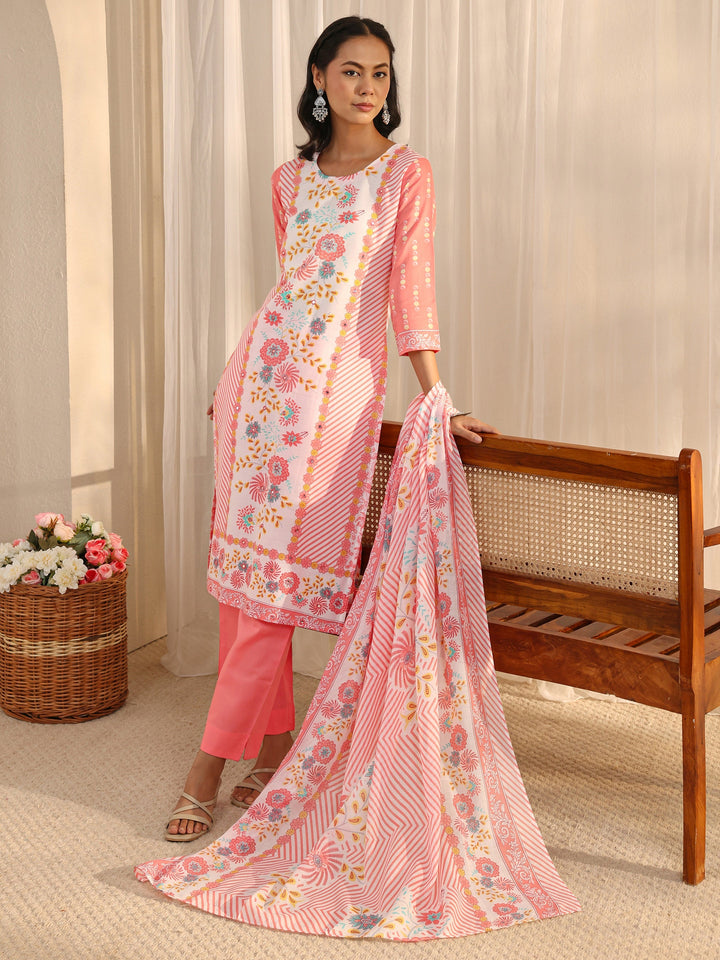 Peach Floral Printed Cotton Blend Straight Suit Set With Dupatta