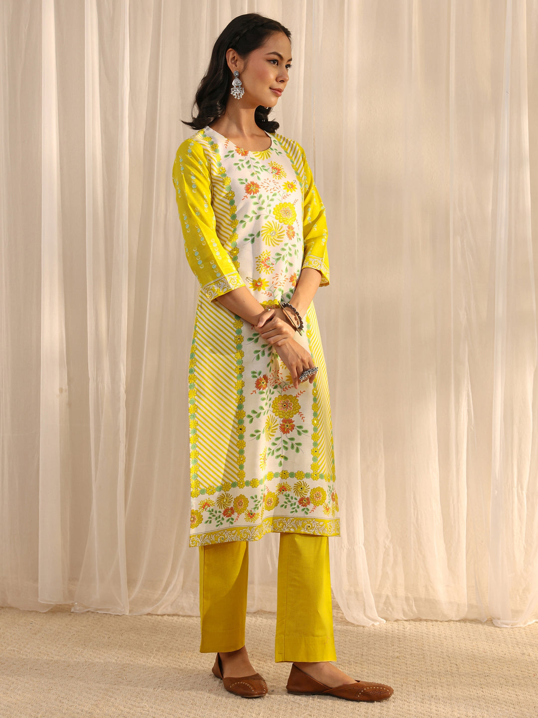 Yellow Floral Printed Cotton Blend Straight Suit Set With Dupatta