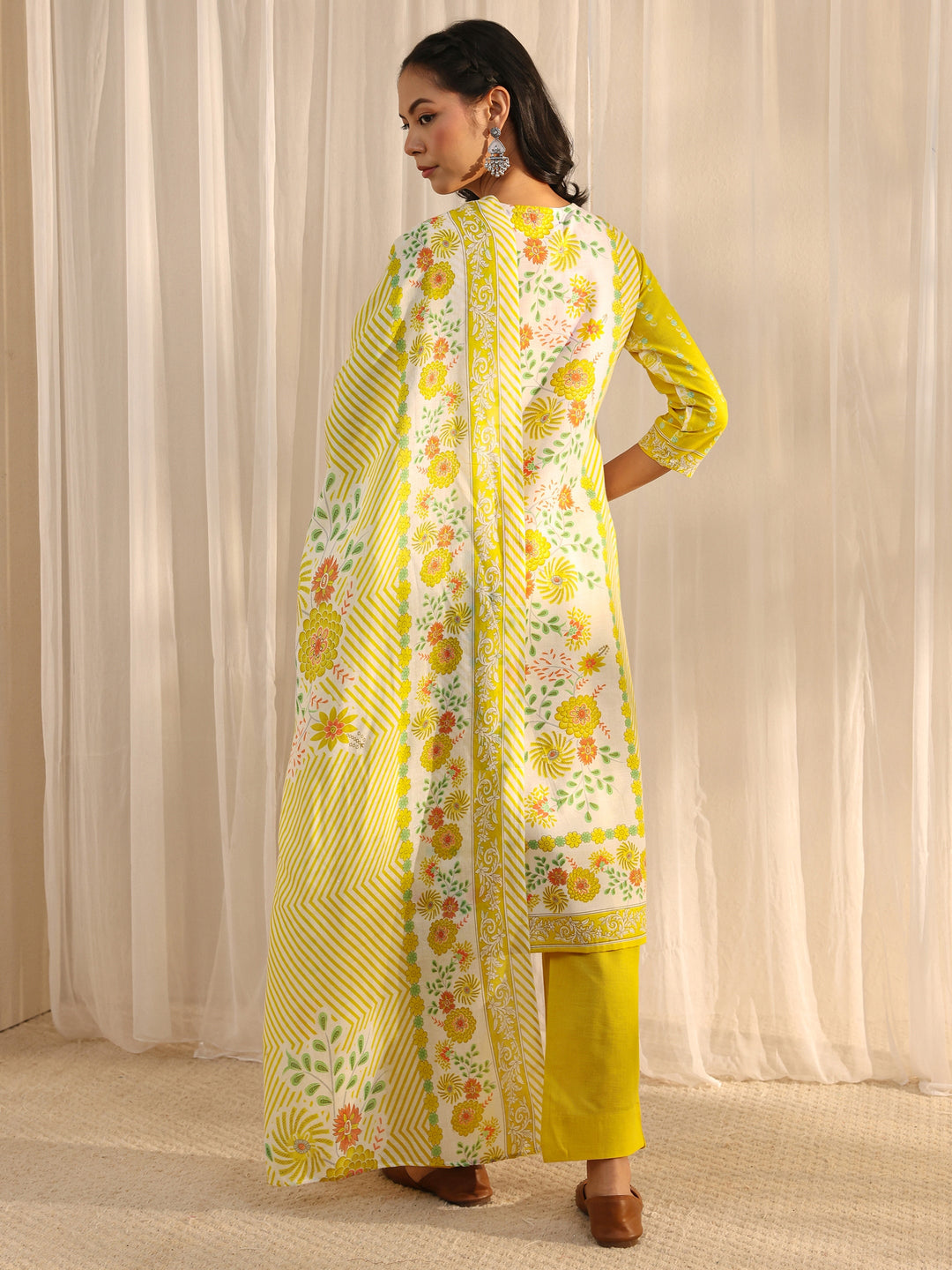Yellow Floral Printed Cotton Blend Straight Suit Set With Dupatta