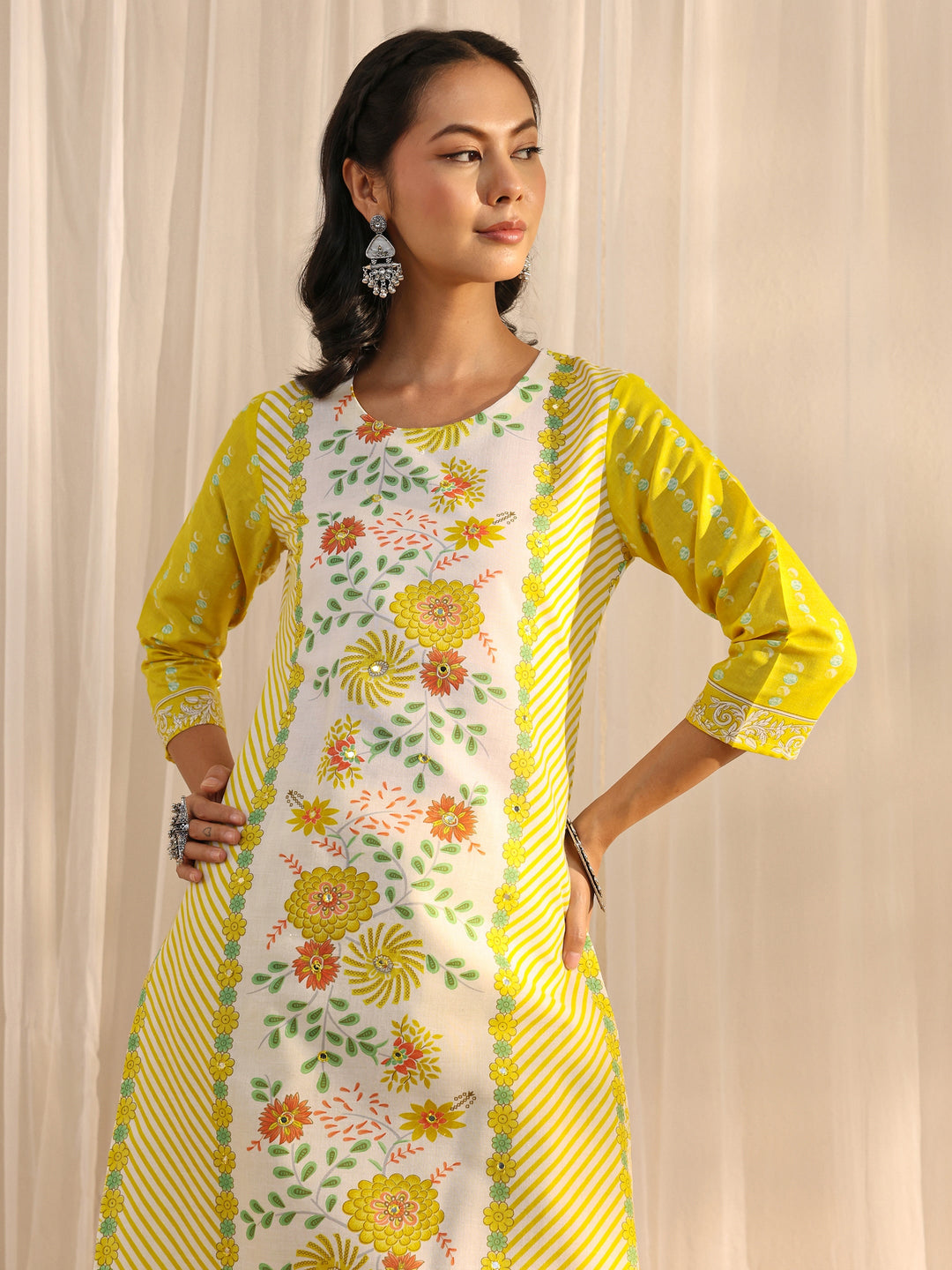 Yellow Floral Printed Cotton Blend Straight Suit Set With Dupatta