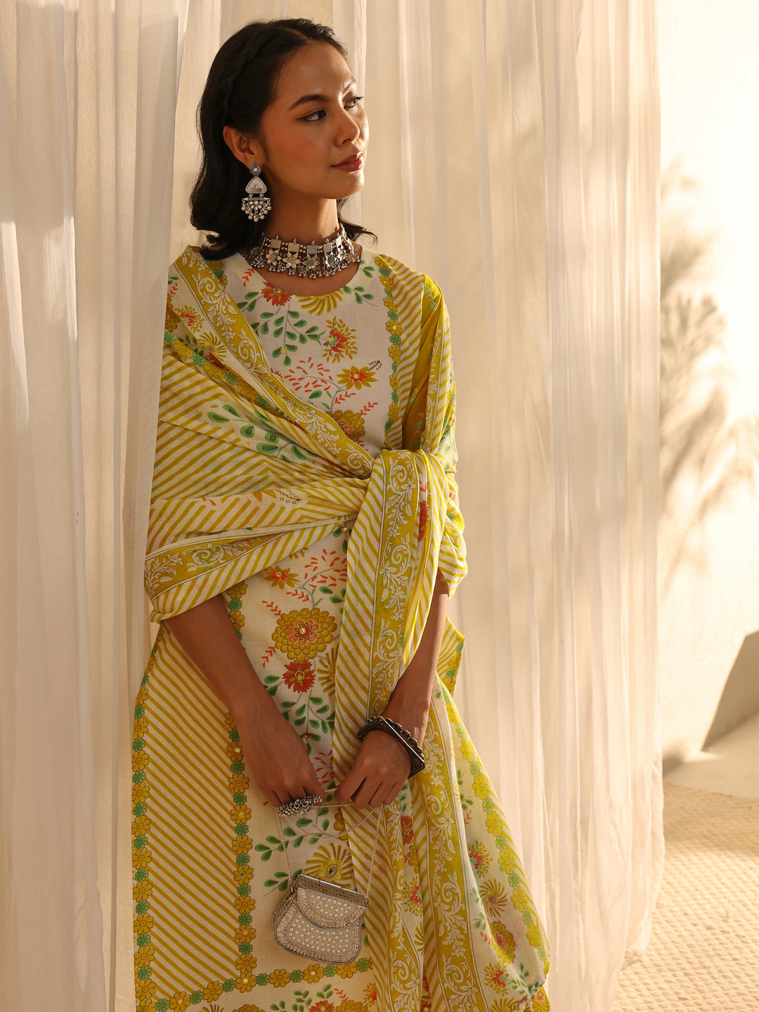 Yellow Floral Printed Cotton Blend Straight Suit Set With Dupatta