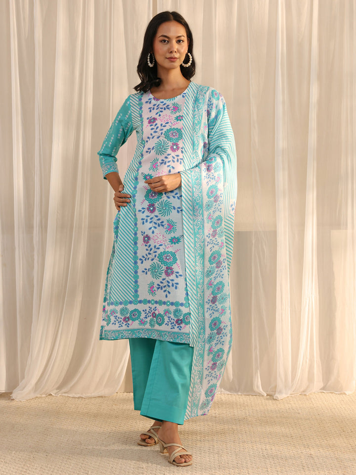 Blue Floral Printed Cotton Blend Straight Suit Set With Dupatta
