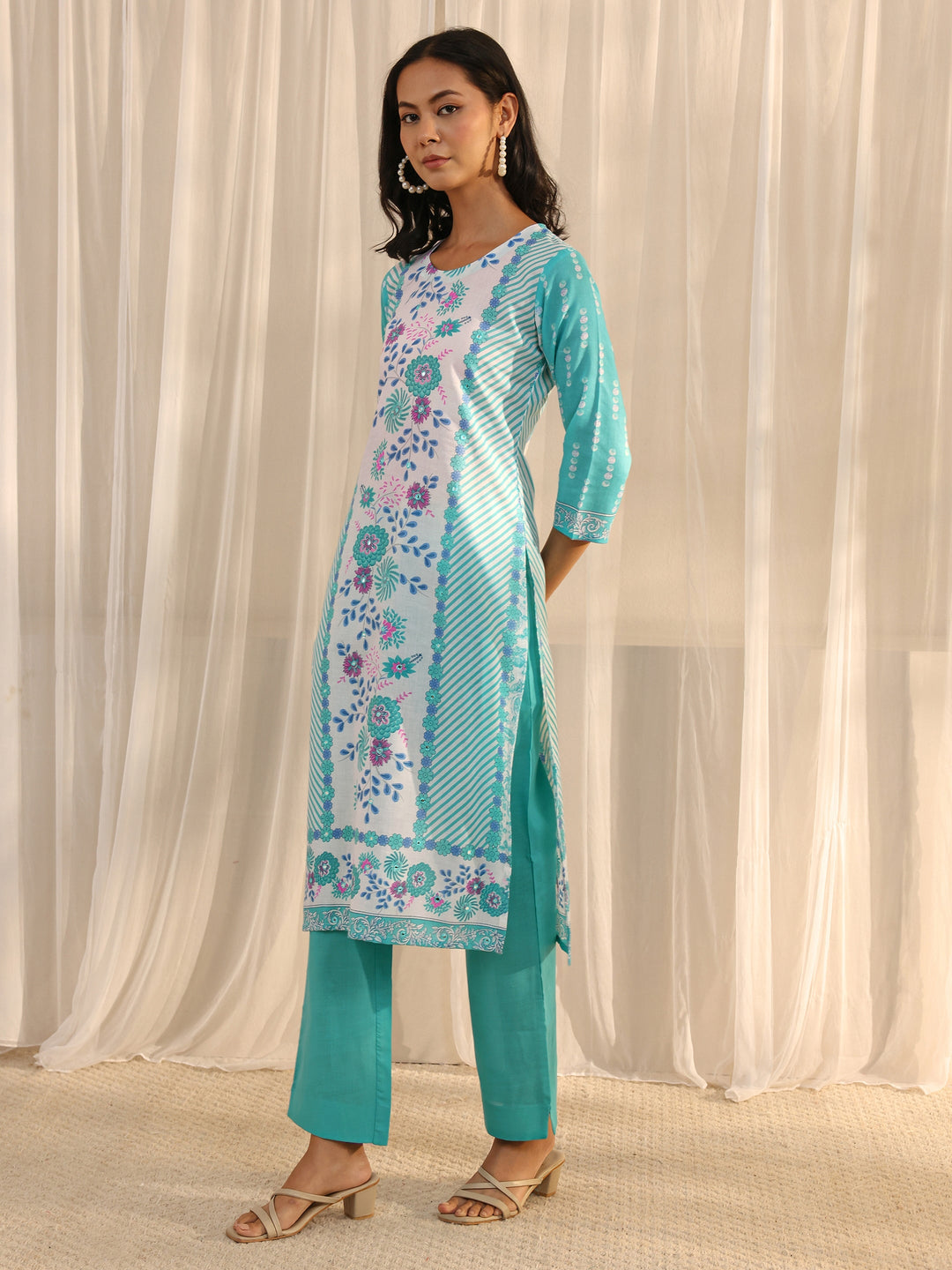 Blue Floral Printed Cotton Blend Straight Suit Set With Dupatta