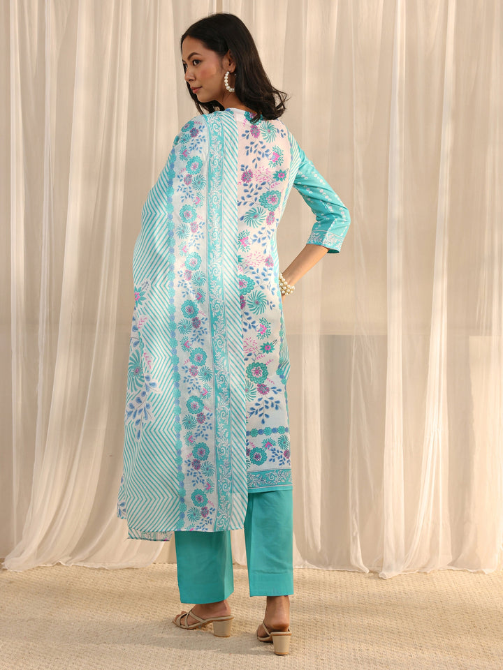 Blue Floral Printed Cotton Blend Straight Suit Set With Dupatta