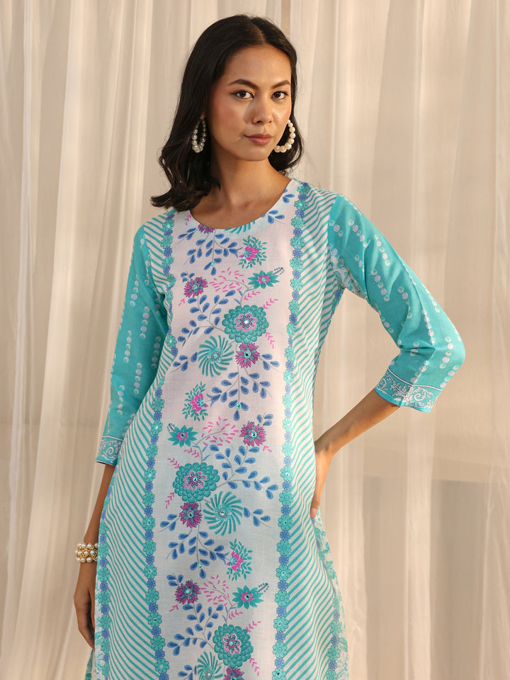 Blue Floral Printed Cotton Blend Straight Suit Set With Dupatta