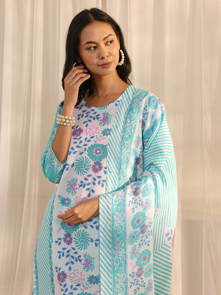 Blue Floral Printed Cotton Blend Straight Suit Set With Dupatta