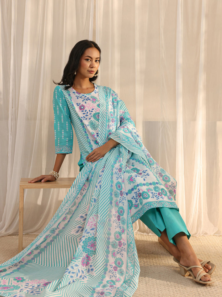 Blue Floral Printed Cotton Blend Straight Suit Set With Dupatta