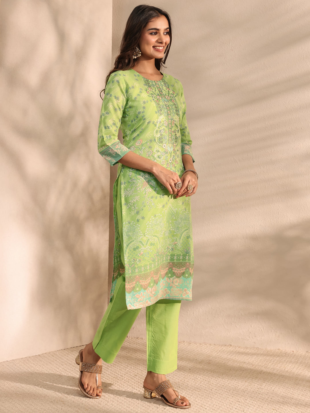 Green Floral Printed Cotton Blend Straight Suit Set With Dupatta
