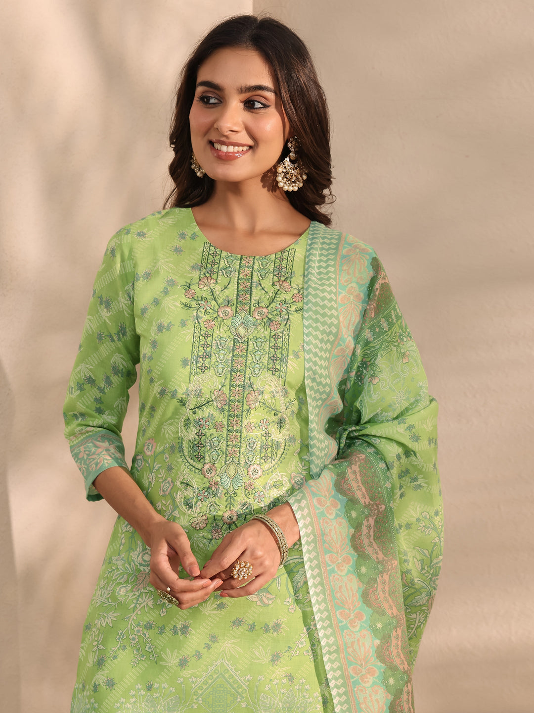 Green Floral Printed Cotton Blend Straight Suit Set With Dupatta