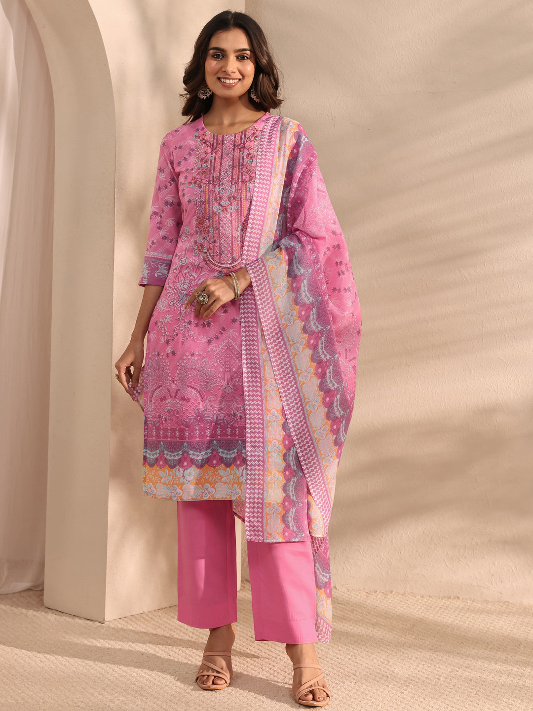 Pink Multi Printed Cotton Blend Straight Suit Set With Dupatta