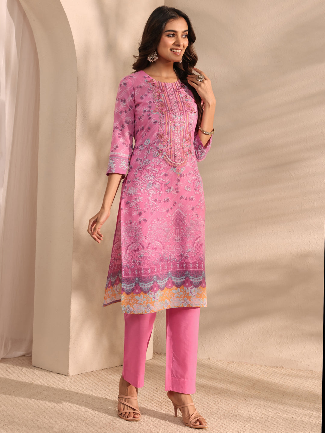Pink Multi Printed Cotton Blend Straight Suit Set With Dupatta