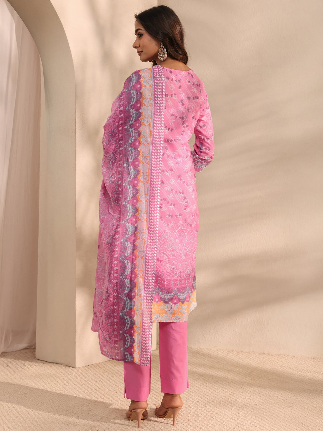 Pink Multi Printed Cotton Blend Straight Suit Set With Dupatta