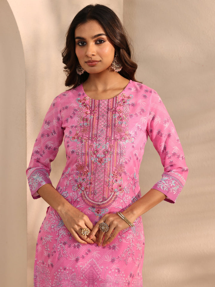 Pink Multi Printed Cotton Blend Straight Suit Set With Dupatta