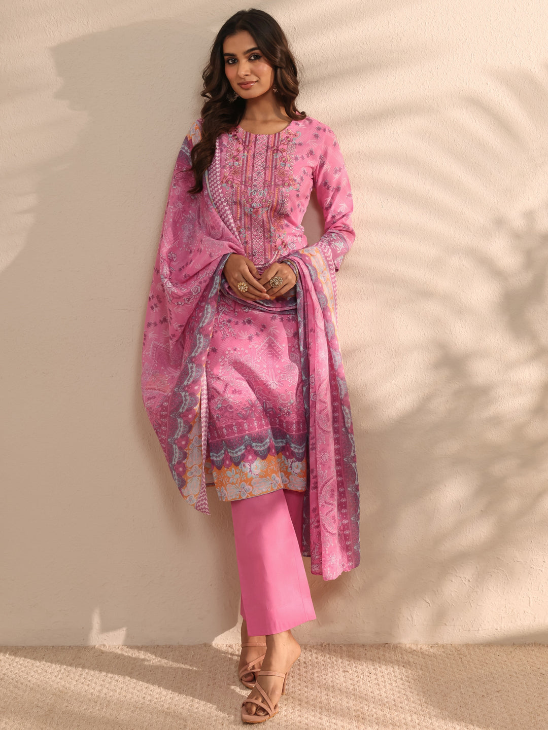 Pink Multi Printed Cotton Blend Straight Suit Set With Dupatta