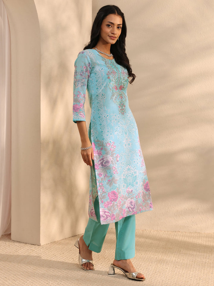 Blue Floral Printed Cotton Blend Straight Suit Set With Dupatta