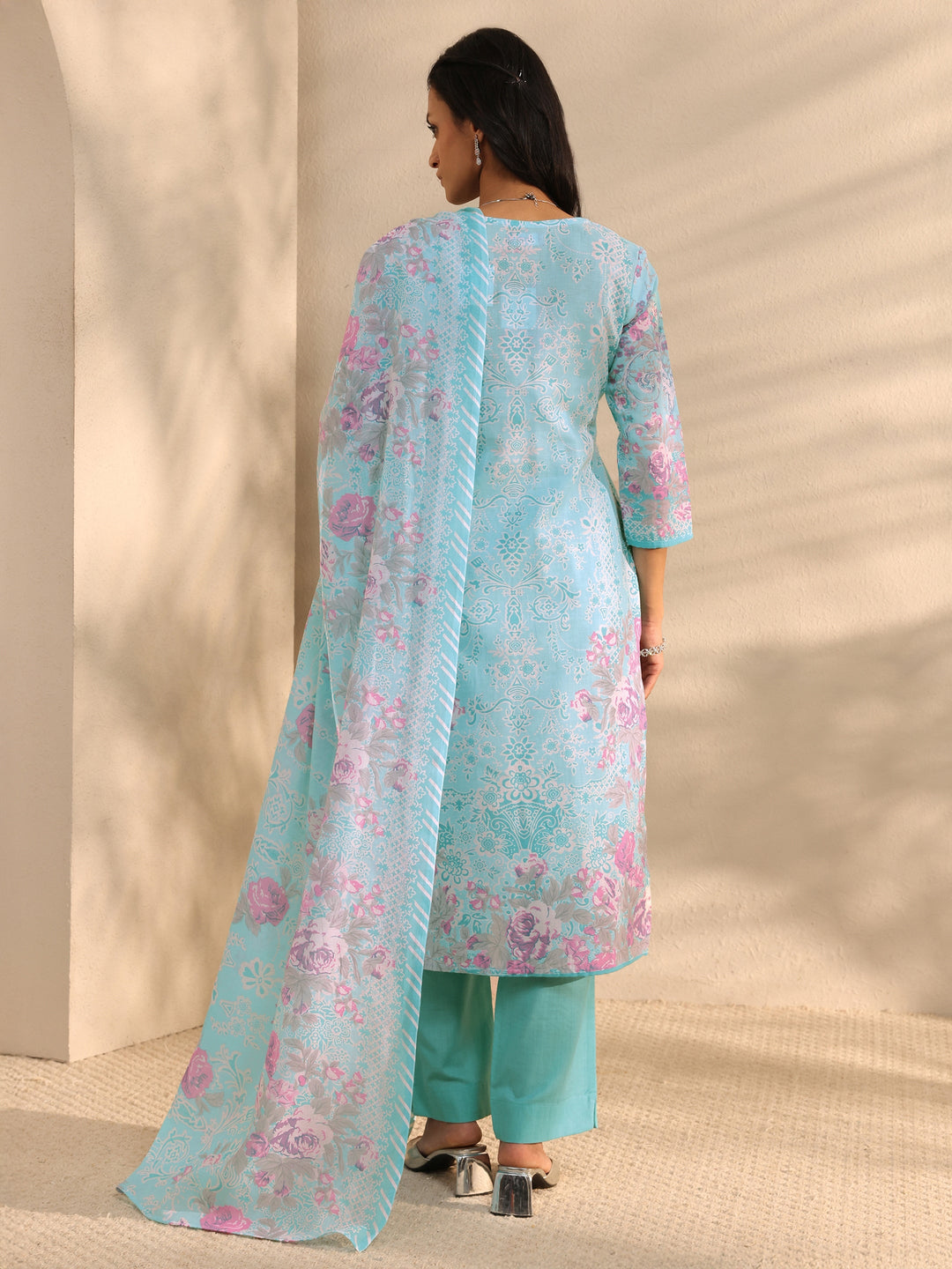 Blue Floral Printed Cotton Blend Straight Suit Set With Dupatta