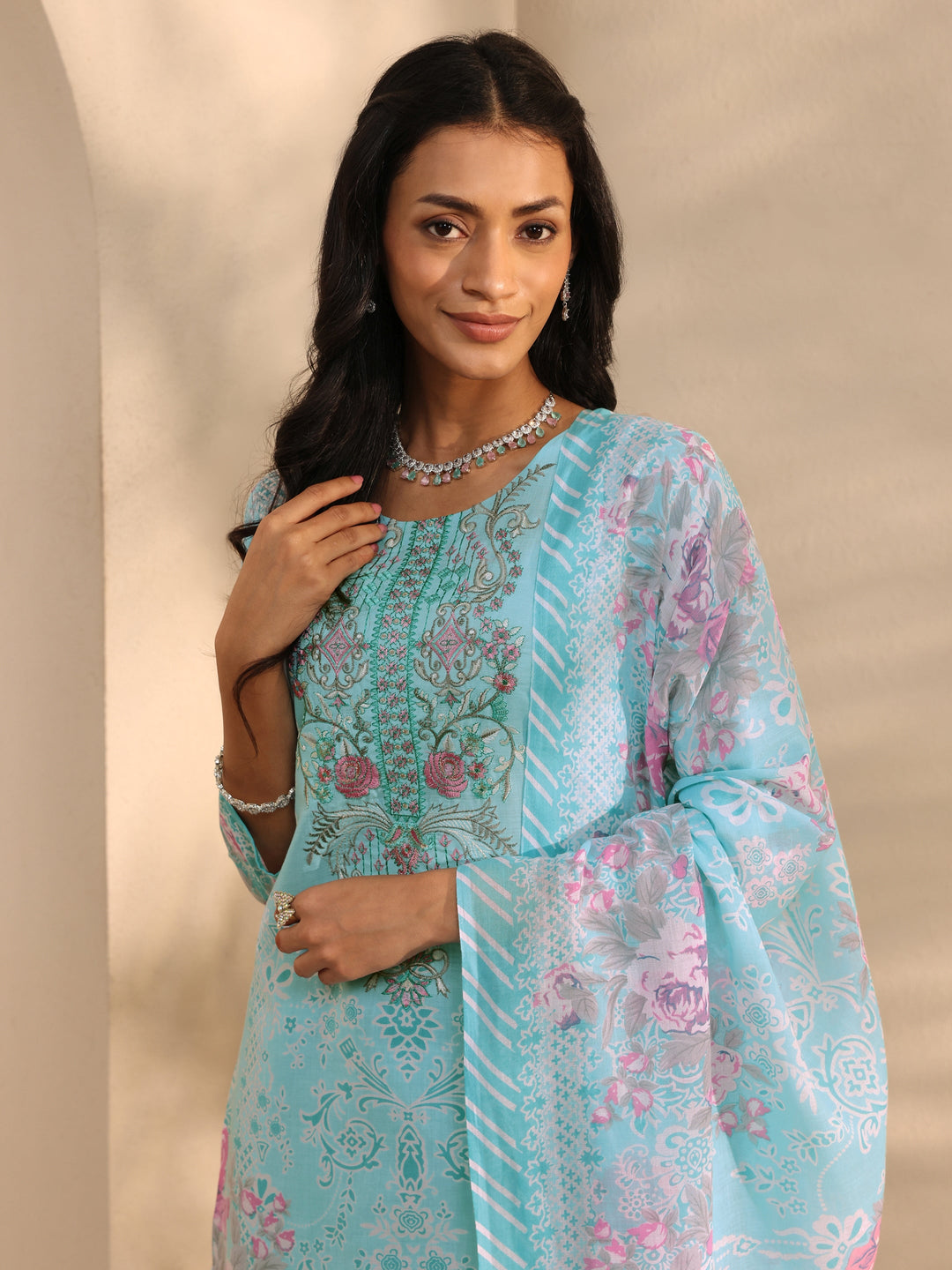 Blue Floral Printed Cotton Blend Straight Suit Set With Dupatta