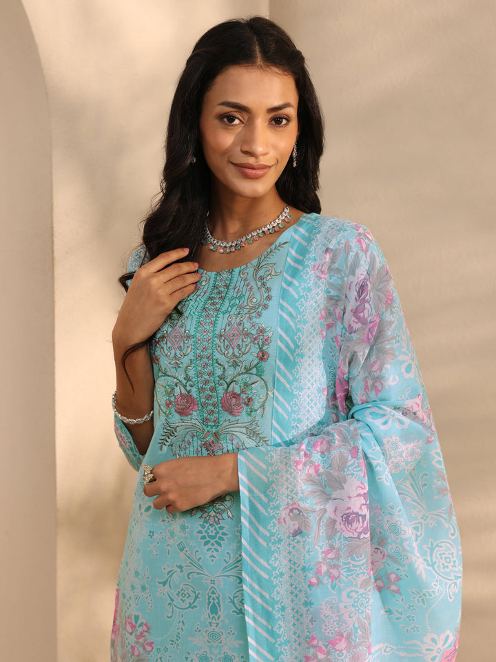 Blue Floral Printed Cotton Blend Straight Suit Set With Dupatta