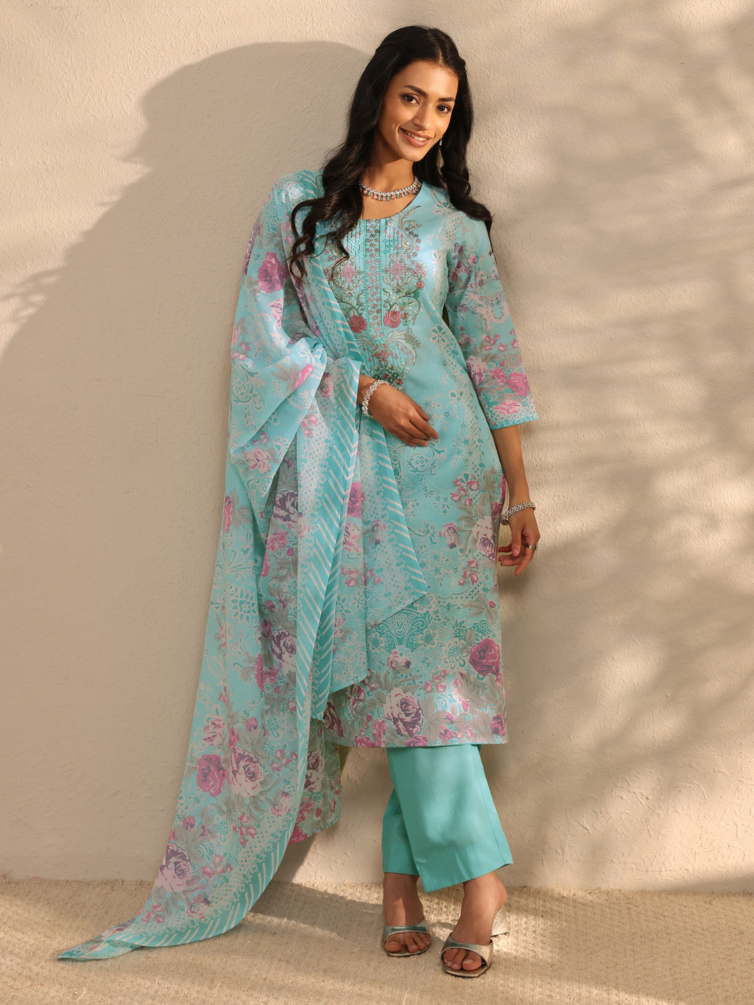 Blue Floral Printed Cotton Blend Straight Suit Set With Dupatta