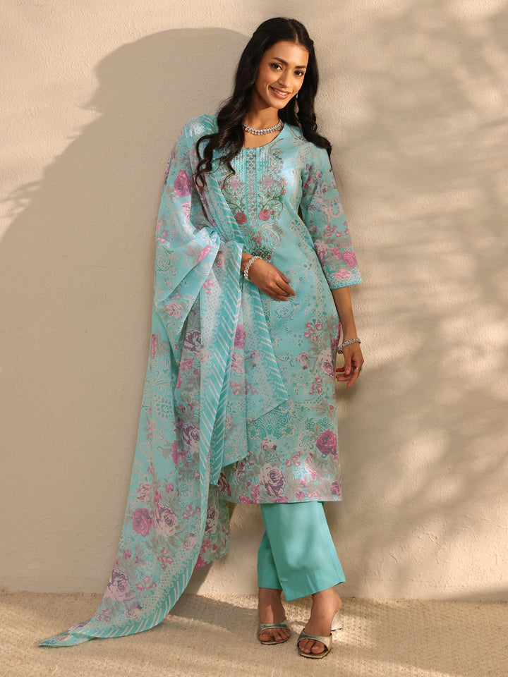 Blue Floral Printed Cotton Blend Straight Suit Set With Dupatta