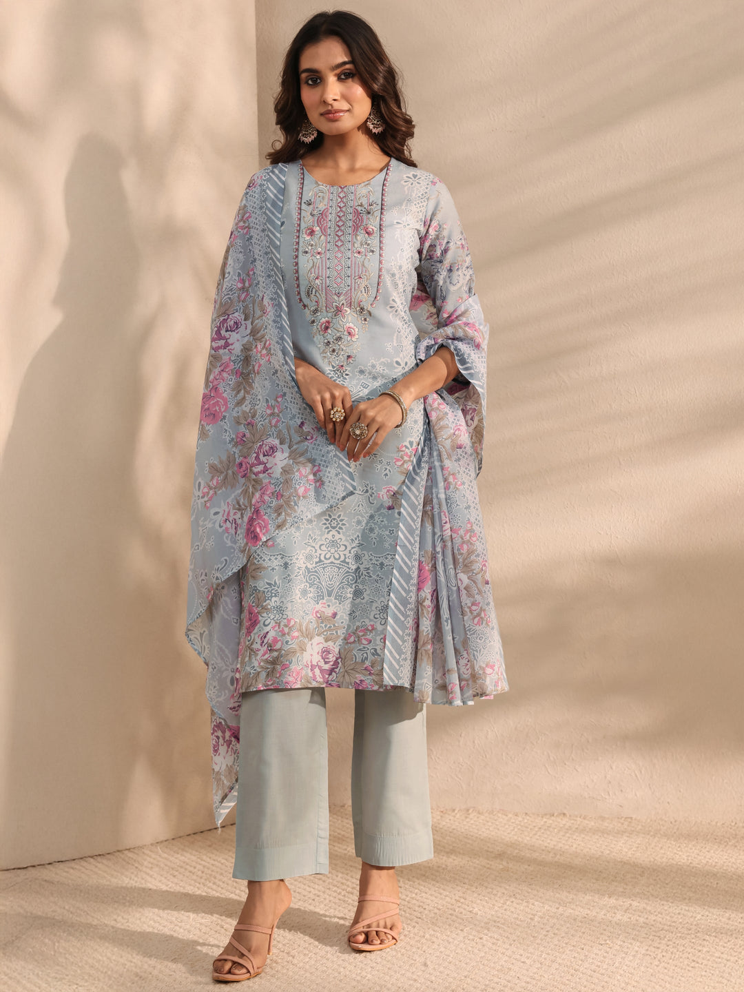 Grey Floral Printed Cotton Blend Straight Suit Set With Dupatta