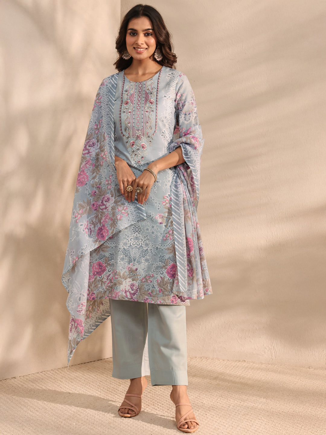 Grey Floral Printed Cotton Blend Straight Suit Set With Dupatta