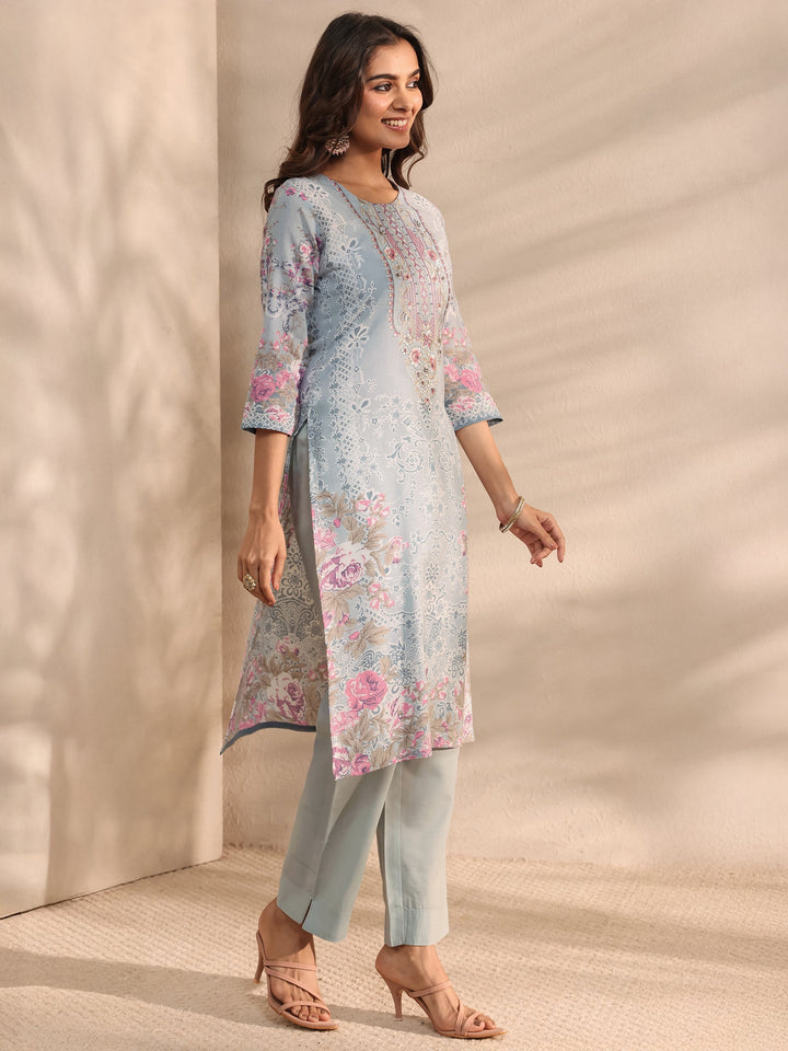 Grey Floral Printed Cotton Blend Straight Suit Set With Dupatta